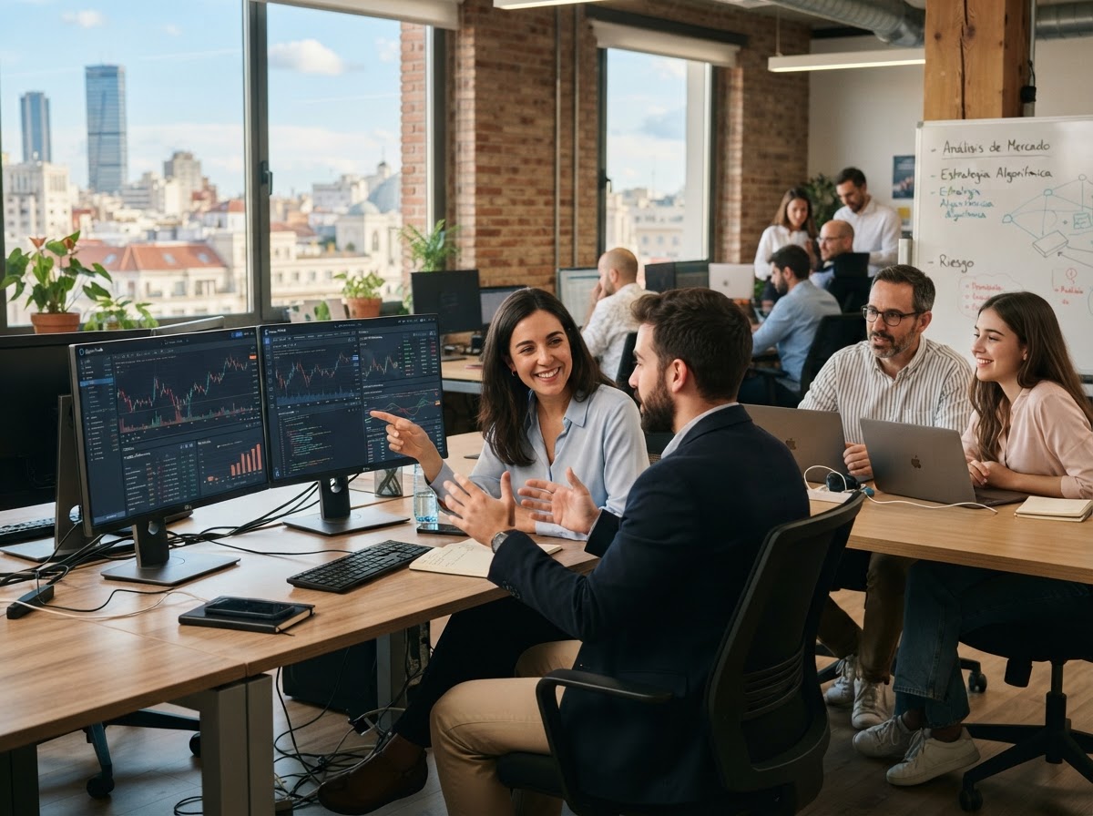 AlgoLuxTrade equipo analizando modelos predictivos y datos de mercado en tiempo real
